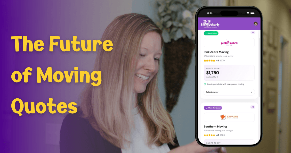 Woman smiling at phone with multiple moving quotes displayed. Text on left side of image: The Future of Moving Quotes