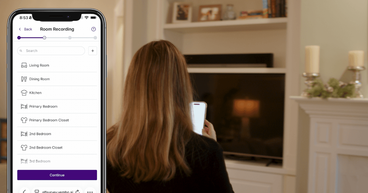 Woman on phone in living room, screen displaying room recording checklist.