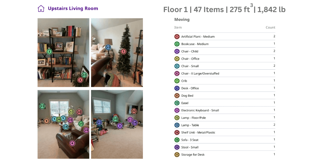Screenshots of a room with furniture being scanned through AI software and digitized in an inventory list.